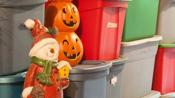 Store your holiday decorations into storage bins and consider putting them away in a storage unit.